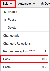 Copy ads and keywords menu